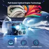 A projector with a diagram illustrating its full-sealed optical engine technology, comparing it to open optics. The projector is shown in a futuristic, icy landscape with arrows indicating airflow. Icons for dustproof, cooling system, and long lifespan are Anteprima dell’immagine prodotto