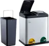 A black trash can insert and a silver dual-compartment trash can with pedals are displayed side-by-side against a white background. Produktbild-Vorschau