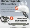 Marketing image showing a white construction helmet with features highlighted. Produktbild-Vorschau