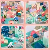 A collage of four images showing a wooden block city building toy set for children, including buildings, vehicles, and a play mat. Náhled obrázku produktu