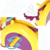 A collage of close-up shots of a toy game, showing its colorful plastic components and a dollop of whipped cream. Podgląd zdjęcia produktu