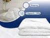 A product image featuring a white duvet folded and stacked, with a background showing a bed with a duvet and pillows, and overlay text highlighting product features. Produktbild-Vorschau