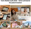 Collage of images showing different uses of a drawing tablet, including digital art, note-taking, business meetings, content creation, casual drawing, and photography. Produktbild-Vorschau