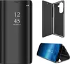 A collage of product images showing a black phone case from different angles, including a closed view with a clock display, an open view showing the phone holder, and a view of the phone inside the case. Produktbild-Vorschau