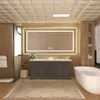 A modern bathroom with a large LED mirror, a double vanity, and a freestanding bathtub. Produktbild-Vorschau