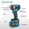 A teal and black cordless impact wrench with labels pointing out its features. Produktbild-Vorschau
