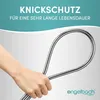 A hand holding a flexible metal hose, with text overlay promoting its anti-kink feature and durability. Podgląd zdjęcia produktu