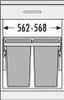 Diagram showing a pull-out trash bin system with two bins inside a cabinet. Produktbild-Vorschau