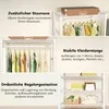 A collage of images showing a white metal clothing rack with clothes hanging and items on shelves. Podgląd zdjęcia produktu