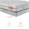 A close-up view of a mattress topper on a mattress, with feature callouts. Produktbild-Vorschau