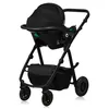 A black baby stroller with a car seat attached, shown from the front-left. Produktbild-Vorschau