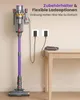 A cordless vacuum cleaner is shown mounted on a wall dock and also standing on the floor, with charging cables connected to wall outlets. A table is also visible. Produktbild-Vorschau