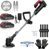 A collection of items for a cordless grass trimmer, including the trimmer itself, batteries, charger, blades, safety glasses, and gloves, arranged on a white background. Produktbild-Vorschau