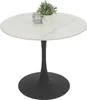 A round dining table with a white marble-look top and a black trumpet base, shown on a white background with a small potted plant and a glass jar on top. Produktbild-Vorschau