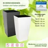 Two tall planters, one black and one white, are shown against a green, leafy background. Text overlays provide product information and features. Produktbild-Vorschau