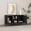 A black metal media console with open shelves and two doors, decorated with various objects and a plant in a pot. Voir les images du produit