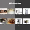 A collage of images showing various applications of a cleaning product, including a dirty cooktop, dishes, an air conditioner, a refrigerator, a lampblack machine, a wall, a washing machine, and a microwave oven. Náhled obrázku produktu