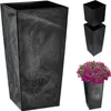 A large black planter with a textured finish is shown on the left. To the right, two smaller black planters are stacked, and a third planter filled with pink and purple flowers is shown at the bottom right. Produktbild-Vorschau