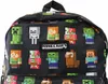 A close-up view of a black backpack with a Minecraft pattern. Produktbild-Vorschau
