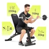 A man is using a multi-functional weight bench for bicep curls. Informational graphics are overlaid on the image. Náhľad obrázku produktu