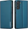 A blue flip phone case is shown from two angles, front and back. Produktbild-Vorschau