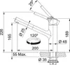 Technical drawing of a kitchen faucet with dimensions and angles indicated. Produktbild-Vorschau
