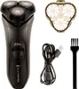 A black electric shaver and its accessories are displayed against a white background. Voir les images du produit