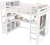 A white loft bed with a desk and storage shelves. Voir les images du produit