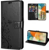 A collage of images showing a black flip phone case with floral embossing, a phone inside the case, and a phone standing up in the case. Produktbild-Vorschau