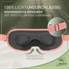 A close-up of a pink and gray sleep mask with text overlays highlighting its features. Produktbild-Vorschau
