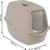 A beige cat litter box with a gray door and a cat face embossed on it, with dimensions indicated by arrows and text. Produktbild-Vorschau