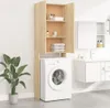 A bathroom scene with a washing machine and a cabinet above it. Produktbild-Vorschau