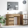 A home office desk setup with a wooden desk, drawers, a pegboard, and a printer. Produktbild-Vorschau