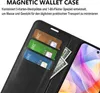 A close-up view of a black wallet case for a smartphone, showing credit cards and a banknote inserted into the case. Produktbild-Vorschau