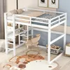 A white loft bed with a desk and shelves underneath, set up in a child's room with a rug and chair. Produktbild-Vorschau