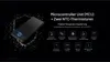 A black power bank is shown with a glowing blue chip on it, surrounded by white particles. Text and icons describing features are displayed to the right. Produktbild-Vorschau