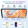 A smartphone is displayed with marketing text and feature callouts. Produktbild-Vorschau