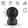 A black indoor security camera with feature icons above it. Produktbild-Vorschau