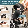 A baby in a stroller being pushed by an adult, with various product features highlighted by text overlays. Produktbild-Vorschau