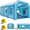 An inflatable spray booth with a person working on a motorcycle inside, along with separate images of blowers and smaller booths. Anteprima dell’immagine prodotto