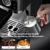 A person is using a coffee machine to froth milk in a metal pitcher, with images of lattes and cappuccinos shown below. Produktbild-Vorschau