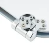 A close-up view of a chrome-plated hinge mechanism with screws, attached to a white surface. Produktbild-Vorschau