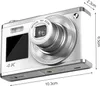 A silver digital camera with dimensions indicated by measurement lines and text. Produktbild-Vorschau