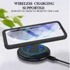 A phone case is shown wirelessly charging on a charging pad, with text overlay describing its features. Produktbild-Vorschau