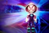 A plush toy of Ghost-Spider (Spider-Gwen) stands against a vibrant, blurred background. Náhled obrázku produktu