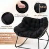 A black rocking chair with a thick cushion, featuring close-up details of the material and dimensions. Produktbild-Vorschau