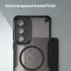 Close-up of a phone case with a semi-transparent frosted finish, showing the camera area and a circular magnetic ring. Anteprima dell’immagine prodotto