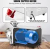 A collage showing a commercial spice grinder with a powerful copper motor. One inset shows the red 'rotate to start' mechanism, and another shows the power cord connection with a note about wiring the plug. Produktbild-Vorschau