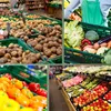 A collage of different fruits and vegetables displayed in a supermarket. Produktbild-Vorschau