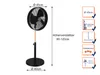 A diagram showing a standing fan with dimensions and feature icons. Voir les images du produit